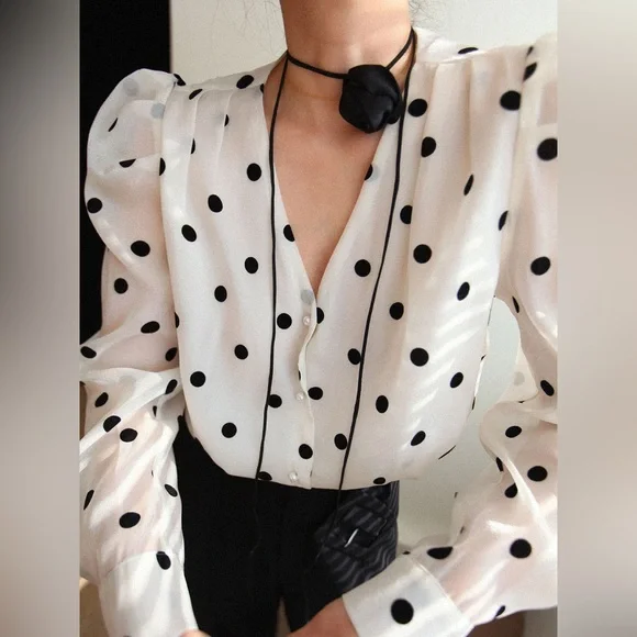 Commense Polka Dot Blouse - Black and White - Picture 2 of 6